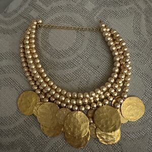 Vintage 5 Strand Kenneth Jay Lane Necklace with signed  hammered discs - 12-17”